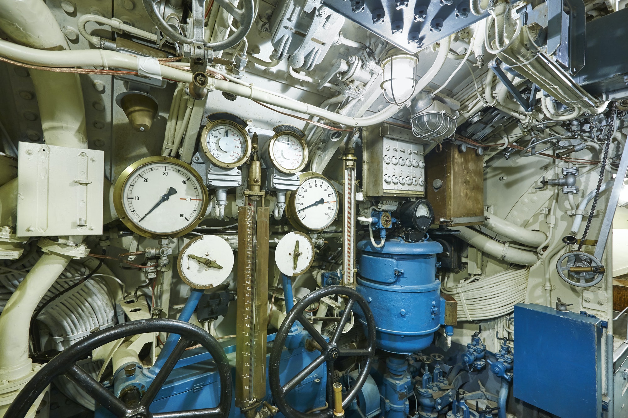 Second war world submarine interior. Military vessel. Horizontal